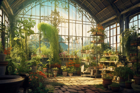 Tranquil Greenhouse inside plants. Garden nature. Generate Aiの素材