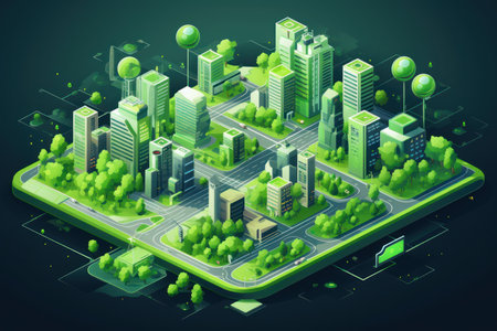 Sustainable Isometric scheme of green city. City house. Generate Aiの素材