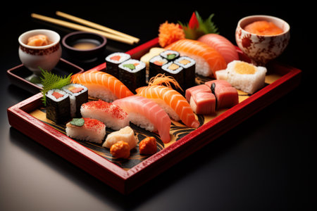 Traditional Japanese sushi top view set. Sashimi sauce. Generate Aiの素材