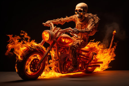 Bone-chilling Human skeleton riding on fire motorbike. Speed race. Generate Aiの素材