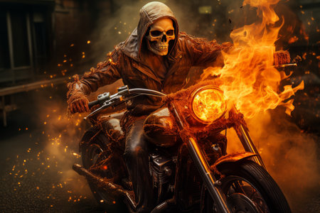 Fearless Human skeleton riding on fire motorbike. Speed race. Generate Aiの素材