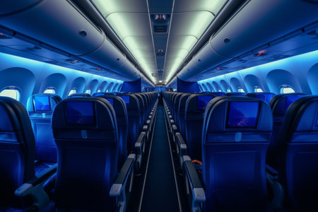Eerie Empty aircraft blue interior light. People chair. Generate Aiの素材