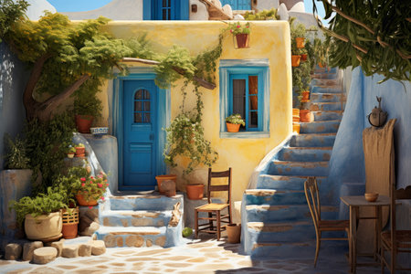 Serene Greek house backyard. Summer flowers. Generate Aiの写真素材