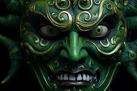 Captivating Green demon face eyes. Danger horror. Generate Aiの写真素材