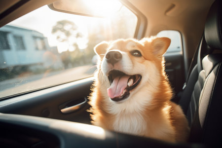 Happy dog window travel. Cute animal trip. Generate Aiの素材