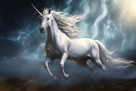 Luminous Majestic white unicorn. Person female. Generate Aiの素材
