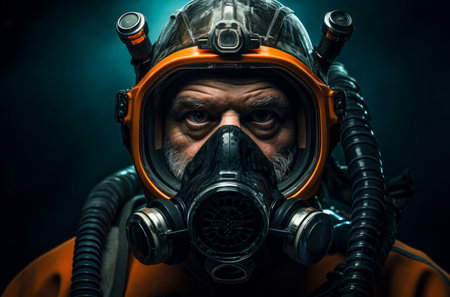 Portrait male scuba diver under the water. Exploring underwater world in diving equipment. Generate aiの素材
