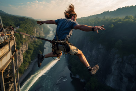 Fearless Man bungee jumping. Freedom view. Generate Aiの素材