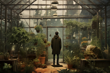 Man greenhouse plant. Organic adult. Generate Aiの素材