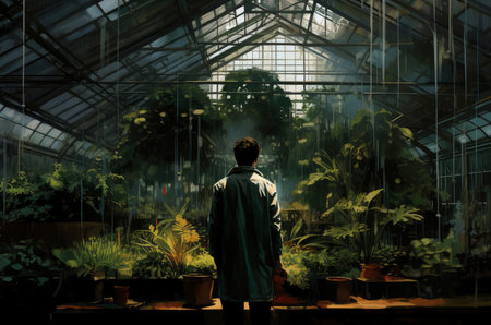 Lush Man greenhouse plant. Organic adult. Generate Aiの素材
