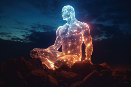Mysterious Man rock glowing. Alone top looking. Generate Aiの素材