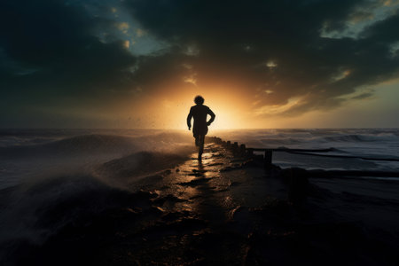Man run beach sea sky. Senior older. Generate Aiの素材