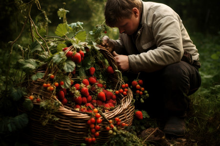 Man squatting basket for berries. Garden plant. Generate Aiの素材