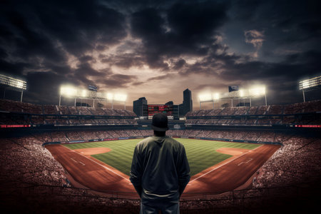 Expansive Man baseball stadium. Game action bat. Generate Aiの素材