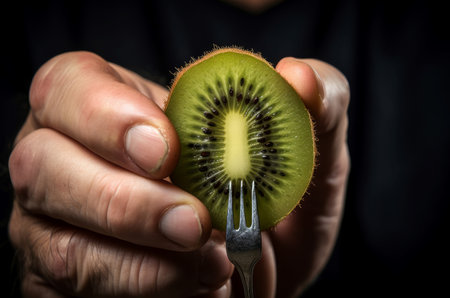 Man eating fresh kiwi with spoon. Summer vegan fresh exotic dessert. Generate Aiの素材