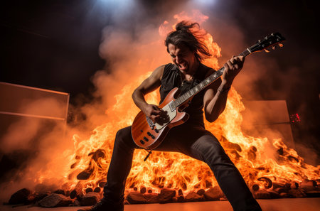 Fiery Guitarist take on fire. Rock stage music. Generate Aiの素材