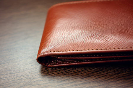 Male hands holding brown leather wallet. Financial small money storage purse. Generate aiの素材