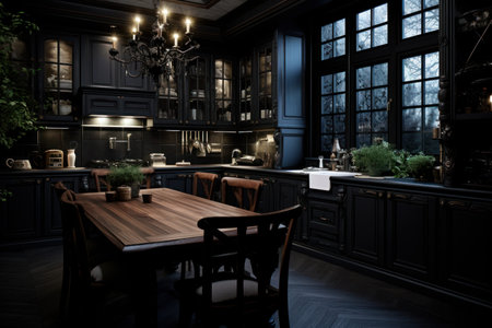 Enchanting Kitchen dark interior. Home light. Generate AIの素材