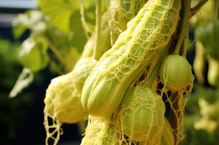 Yellowed Green luffa plant with yellow infection disease. Tropical food gourd vegetable hanging on branch. Generate aiの素材