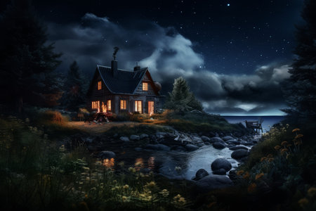 Tranquil House in wild nature. Outdoor view. Generate AIの素材