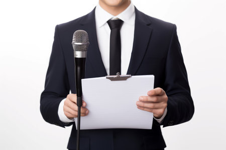 Professional Man holding microphone and clipboard on white. Person man book hold interview. Generate AIの素材