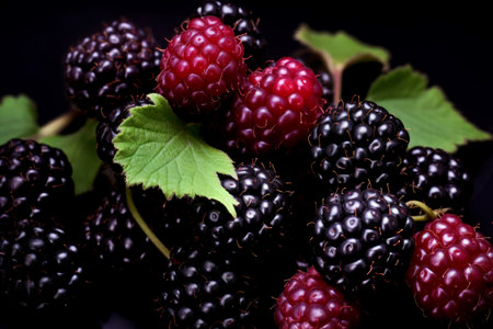 Tangy Loganberry black berry. Leaf macro vitamin. Generate AIの素材