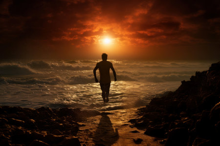 Agile Man run beach sea sky. Senior older. Generate Aiの素材