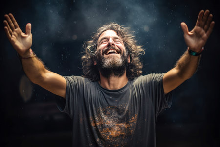 Enlightened Man rise up arms. Rear energy freedom. Generate Aiの素材