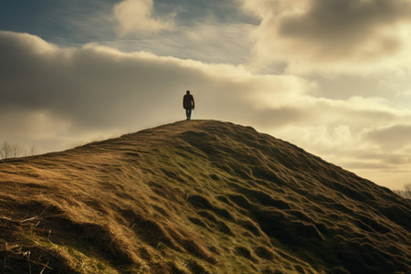 Impressive Man snowy top hill. North sky. Generate Aiの素材