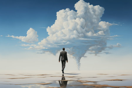 Lofty Man walk over clouds. Adventure travel. Generate Aiの素材