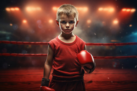 Determined Little boy boxing ring. Art fitness punch. Generate Aiの素材