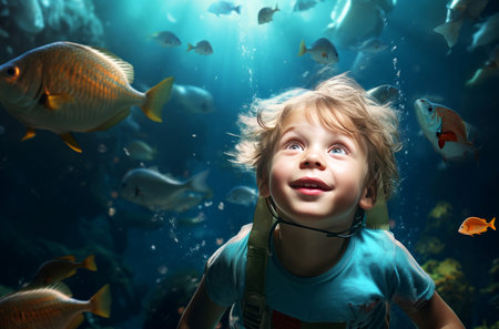 Colorful Boy undersea world. Water snorkel. Generate AIの素材