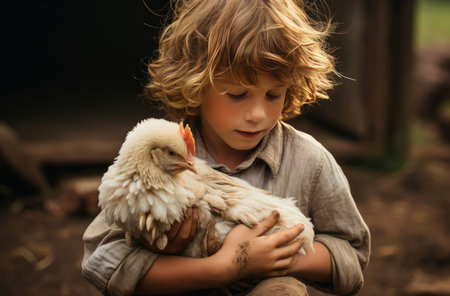 Playful Little girl with chicken. Farmer girl feed. Generate Aiの素材