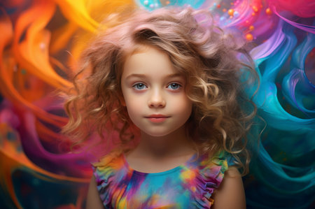 Playful Little girl in colorful dress. Child with hands up on multicolored wall. Generate aiの素材