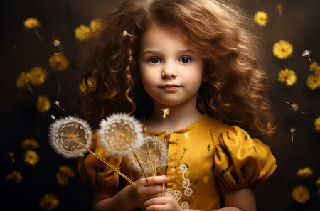 Delicate girl blowing dandelion plant. Female smile. Generate Aiの素材