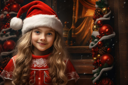 Joyful Girl santa claus house. People looking. Generate Aiの素材