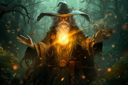 Ancient Mage druid with fire. Magic wizard. Generate Aiの素材