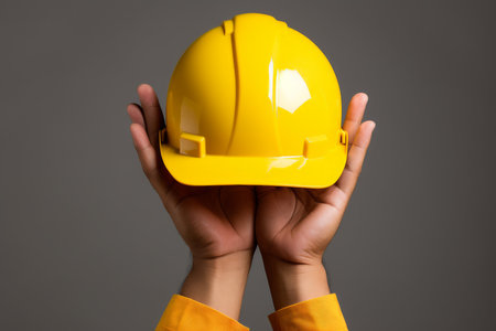 Calloused Male hand with yellow helmet. Work engineer. Generate Aiの素材