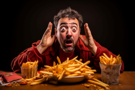 Engrossed Man eating french fries. Sauce eating. Generate AIの素材