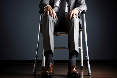 Battered Man injured leg using crutches. Foot care support hospital patient. Generate Aiの素材