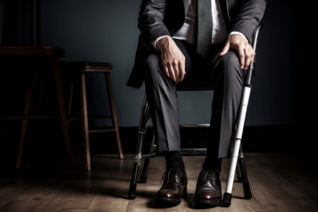 Limping Man injured leg using crutches. Foot care support hospital patient. Generate Aiの素材