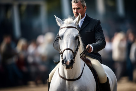 Unprecedented Man horse competition. Rider riding sportive. Generate Aiの素材