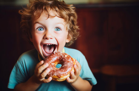 Contented Happy boy eat donut. Cute child. Fictional person. Generate Aiの素材