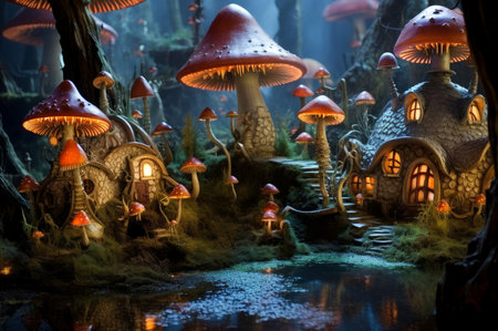 Miniature Fairy mushroom houses fiction. Space woods flowers with tree leaf. Generate Aiの素材
