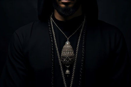 Respectful Muslim man with holy necklace. Elderly religious cleric at mosque building. Generate aiの素材