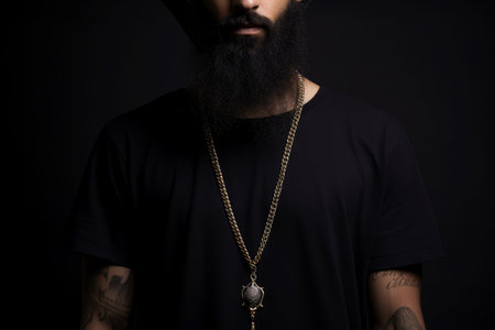 Adorned Muslim man with holy necklace. Elderly religious cleric at mosque building. Generate aiの素材