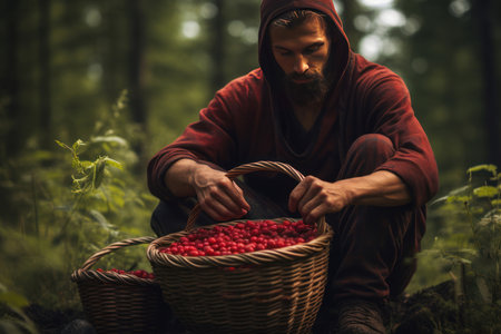 Patient Man squatting basket for berries. Garden plant. Generate Aiの素材