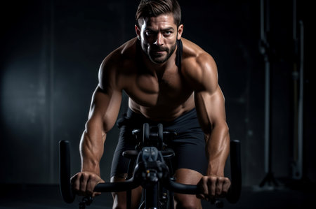 Vigorous Man training fitness bike. Adult equipment health male activity. Generate Aiの素材