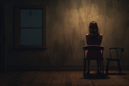 Solitary woman sitting alone in front of the door. Home room. Generate Aiの素材