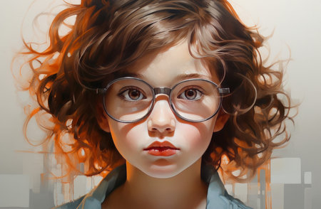 Studious Little girl glasses. Smart child. Fictional person. Generate Aiの素材